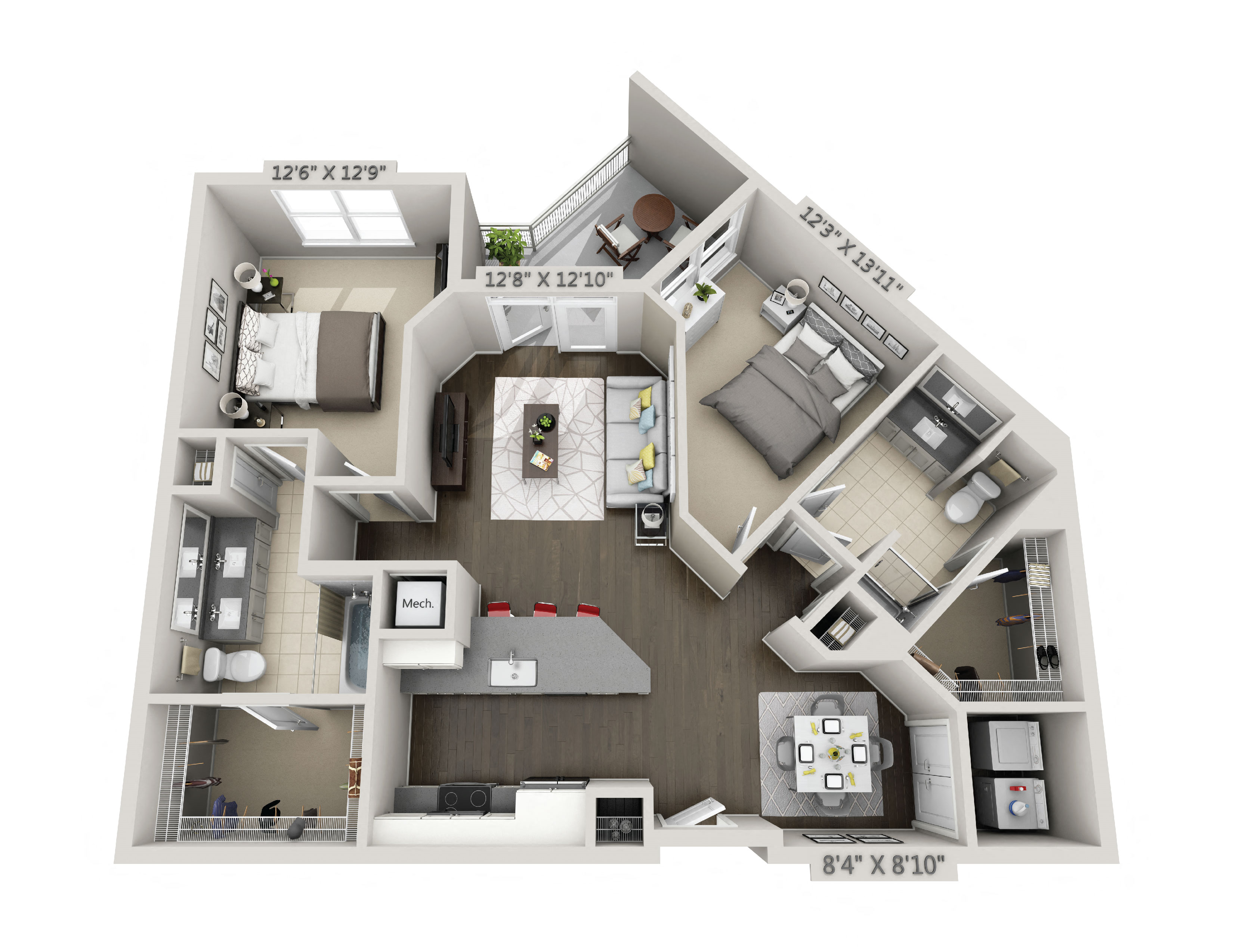 Floor plan for 2 beds, 2 baths, 1097 sqft